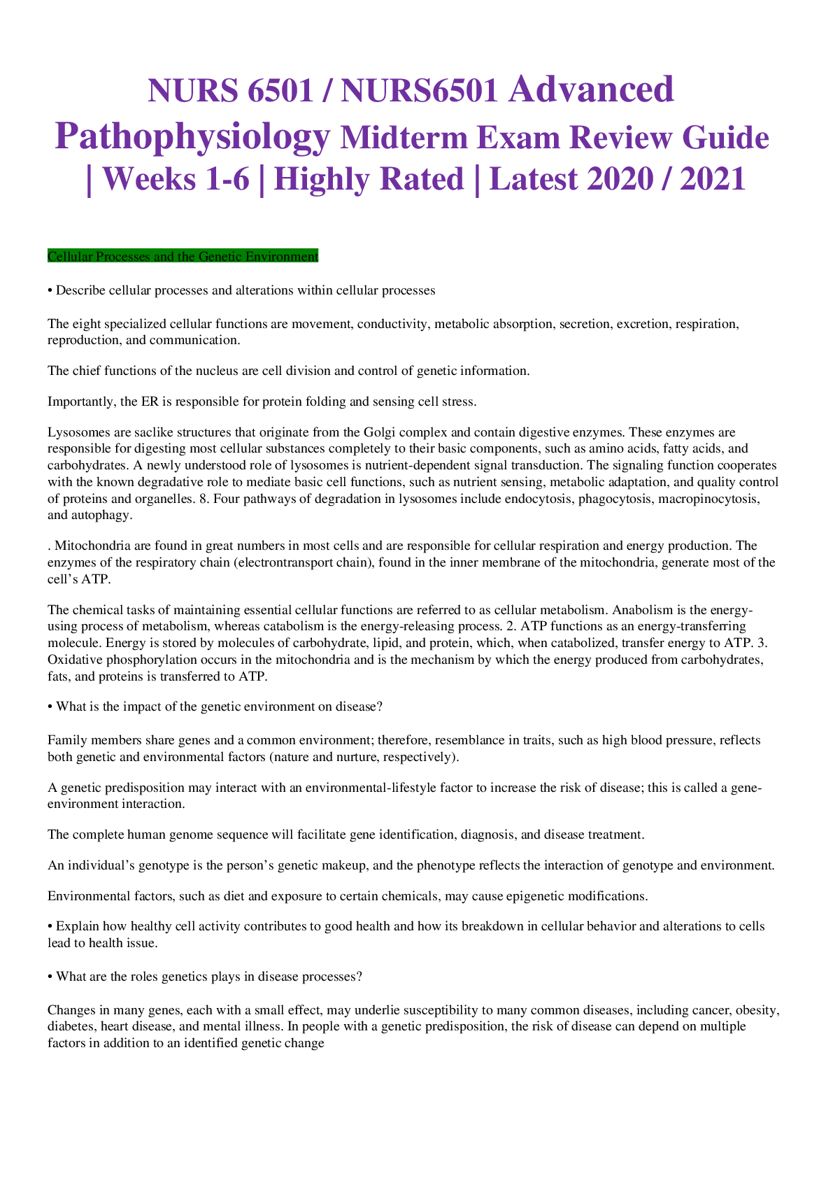 NURS 6501 / NURS6501 Advanced Pathophysiology Midterm Exam Review Guide | Weeks 1-6 | Highly Rated | Latest 2020 / 2021